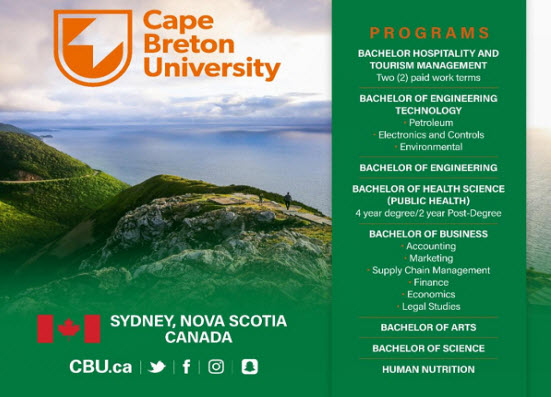 Đại học Cape Breton University ở Canada nhập học tháng 2 năm 2022